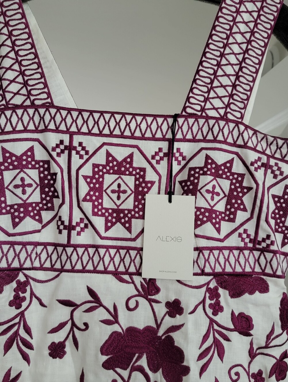 NWT ALEXIS Ivory Dress with Plum Floral Embroidery Maxi